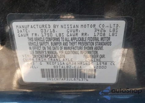 2018 Nissan Versa 1.6 Sv from USA, damaged, VIN 3N1CN7AP3JL876376